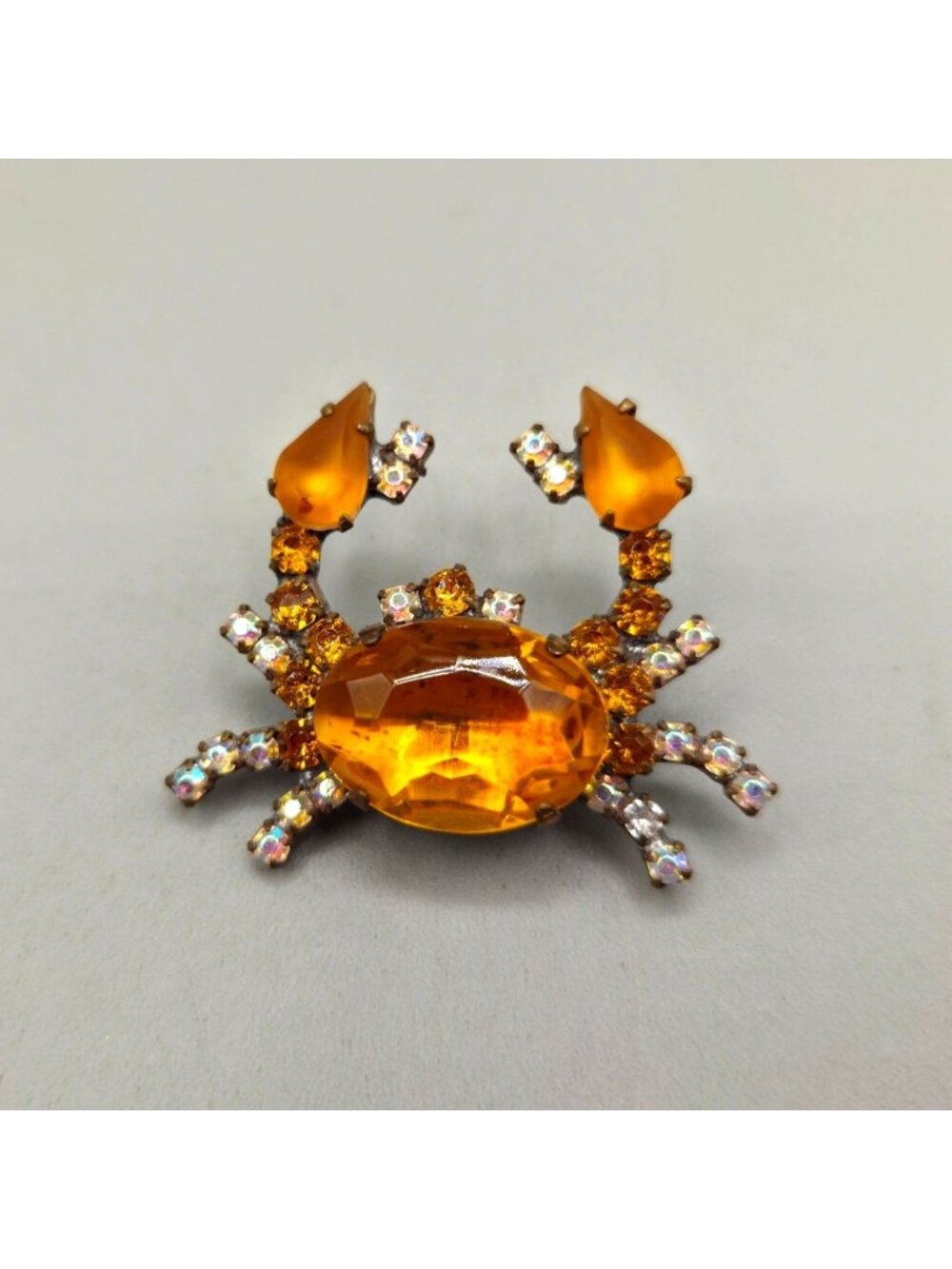 Vintage Amber Rhinestone Crab Brooch Pin Gold Tone Body Clear Accent Stones